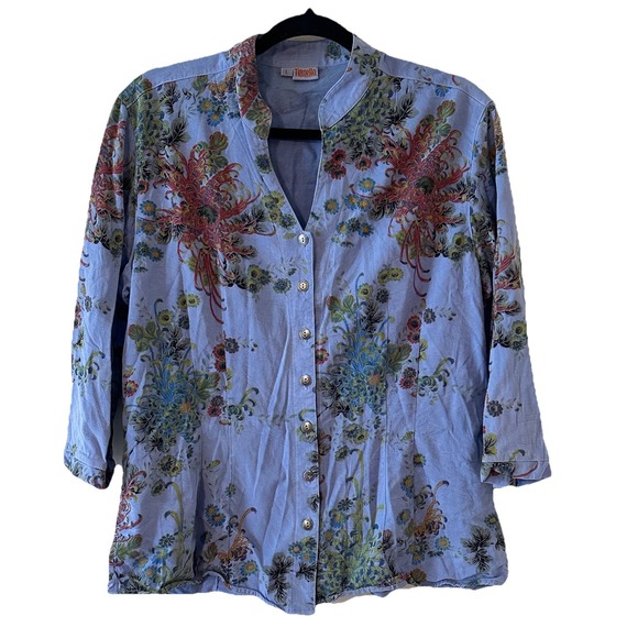 Tianello Tops - Tianello Blue Floral 3/4 Sleeve Mandarin Collar Button Princess Cut Womens Large